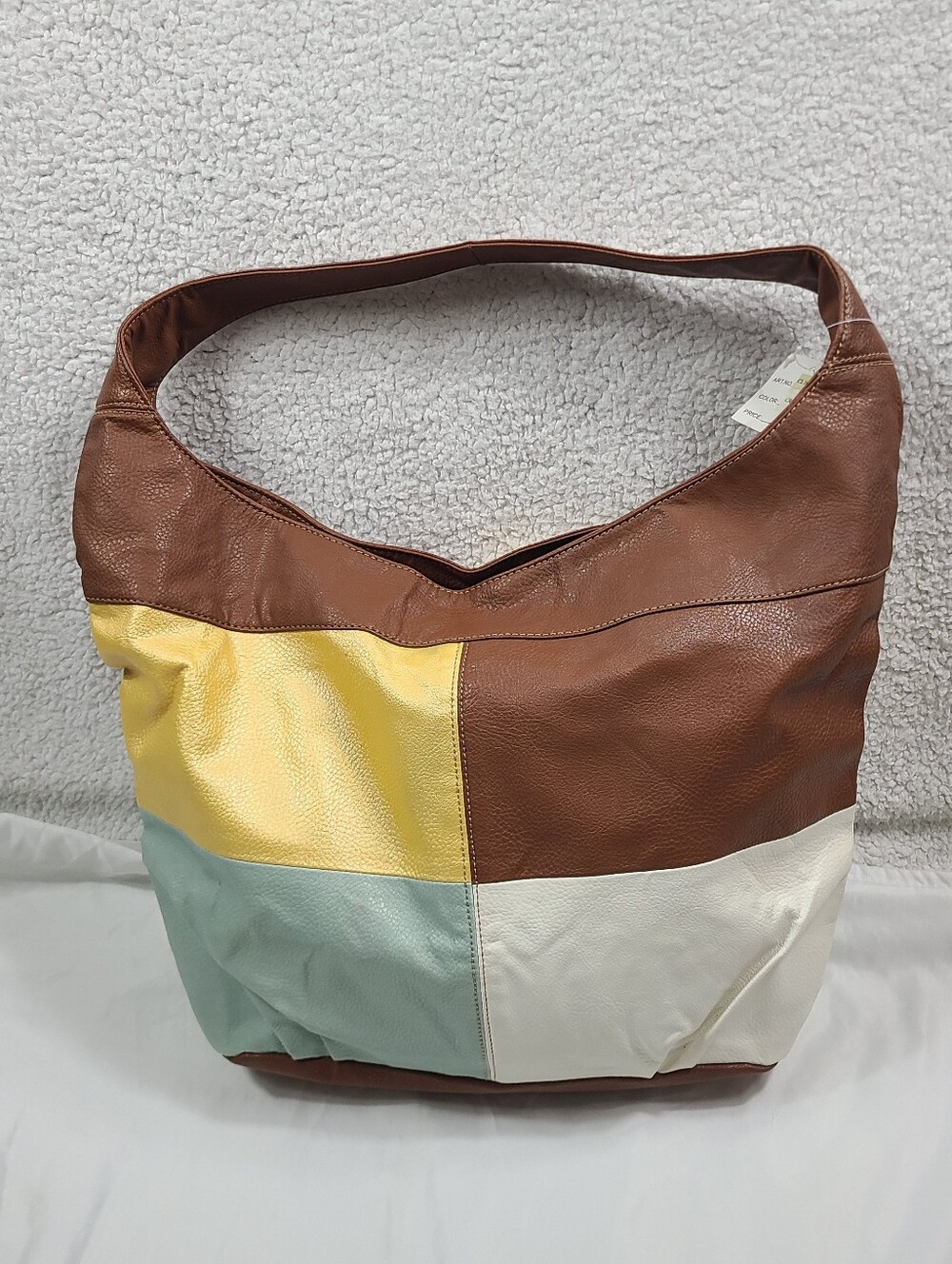 NWT Colorblock Faux Leather Hobo Shoulder Bag Large Brown Yellow Mint Cream